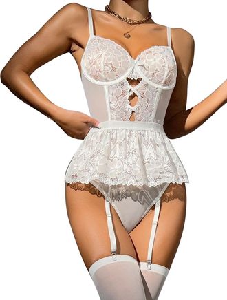 Feoya Womens Garter Lingerie Set Lace Bodysuit Sexy Suspenders Belt Garter Belt Lingerie Leotard Outfits Underwear Sheer Mesh Garter Belt Corset Set White