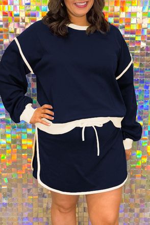 Azura Exchange Womens Sweatshirt And Skirt Set Trim - Dark Blue - Size X-Large