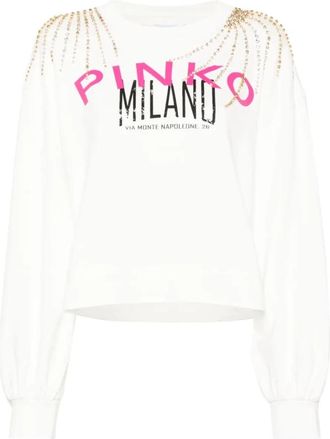 Pinko Witte Logo-Print Sweatshirt Casual Sweater - Dames - Hoodies - Wit - L - Katoen - Hoodies & sweatvesten