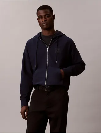 Calvin Klein Mens Premium Terry Emblem Logo Zip Hoodie - Blue - 2XL
