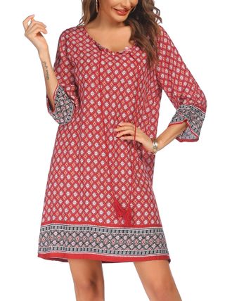 Zeagoo Womens Dress Summer Linen Dresses Casual V Neck Midi Dress Short Sleeve A-line Dress Sundress Tunic Dress XL Pink