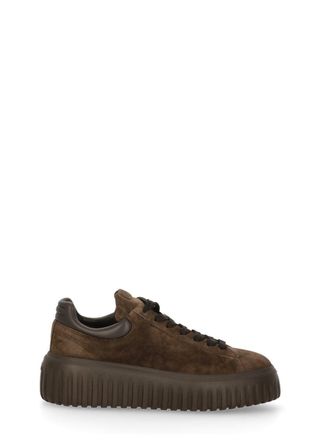 Hogan Round Toe Brown Suede Sneakers With Logo Embellishments And Elevated Sole