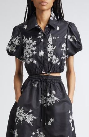 Cinq &agrave; Sept Wildflower Whimsy Crop Satin Button-Up Shirt in Black/Ivory at Nordstrom Rack, Size X-Small