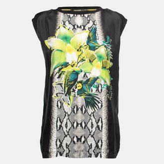 Roberto Cavalli Black Jersey Parrot Printed Top