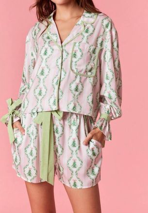 Peach Love California Under The Tree Satin Christmas Pajama Set In Pink/green