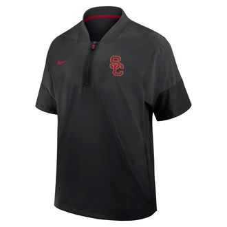 Nike USC Sideline Coach Nike Mens College 1/2-Zip Short-Sleeve Hooded Jacket in Black | 03BO090NSCJ-6XU
