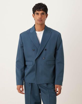 Asos Giacca da abito doppiopetto squadrata blu medio-Blu navy