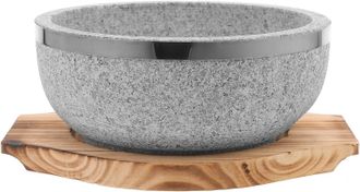 OEM Bol De Piedra Natural De 18&times;18&times;7,7 Cm Sobre Una Base De Madera Carbonizada, Conserva El Calor