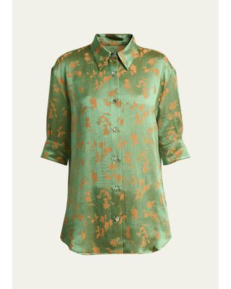 Dries Van Noten Floral Jacquard Elbow-Sleeve Button-Down Shirt