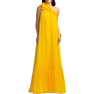 Mac Duggal Womens One Shoulder Chiffon Maxi Gown with 3D Rosette in Sunshine at Nordstrom, Size X-Large