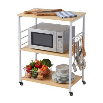 Relaxdays Carro De Cocina Relaxdays, 3 Estantes, 6 Ganchos En S, 89 X 60 X 40 Cm, Mdf Y Acero, Natural/blanco