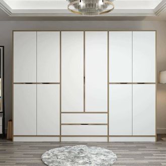 Dmora Armario Grande Gaspard, Ropero Dormitorio 5 Estantes, Perchero, 2 Cajones, 277x208h Cm Blanco Y Nogal Y Nogal