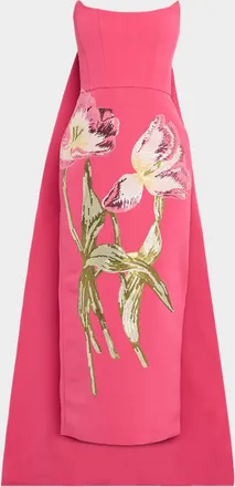 Amsale Strapless Sequined Floral Cape Column Gown