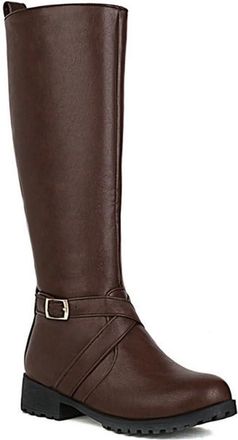 Generic Womens Knee High Boots Wide Calf Flat Low Chunky Heel Side Zipper Motorcycle Buckle Winter Riding Shoes (5.5,Brown)