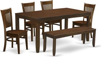 East West Furniture 6-Pc Table with a 12 Leaf and 4 Wood Chairs Plus Bench