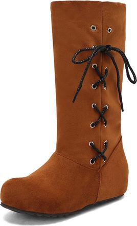 Generic Womens Retro Knee-High Suede Boots Side Lace-Up Detail Wedge Heel Round Toe Comfortable Anti-Slip Wear-Resistant for Daily Street Shopping,Brown,3.5 U