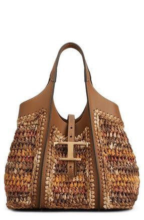 Tod's T-Timeless Raffia & Leather Shopper in Brown at Nordstrom