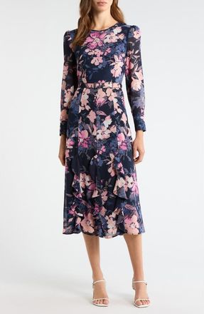 Tahari by ASL Floral Belted Ruffle Hem Midi Dress in Navy Peri Floral at Nordstrom, Size 10