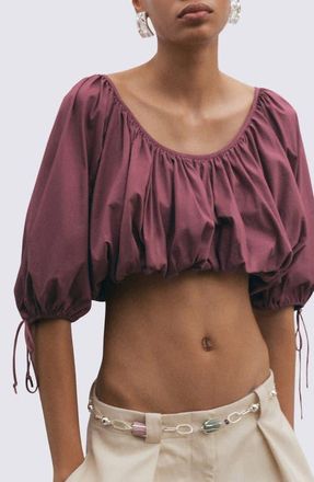 Mango Blusa Bambino Puff Sleeve Crop Cotton Blend Top in Cherry at Nordstrom, Size 8