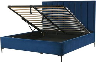 Beliani Cama En Terciopelo Azul 180 X 200 Cm Con Almacenamiento Cabecero Acolchado Patas De Metal Negro Sezanne