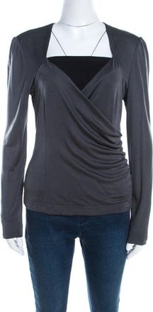 Escada Grey Silk Knit Ruched Crossover Front Long Sleeve Top