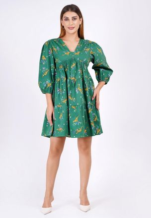 Leota Zariah Empire Waist Mini Dress Lucky Cheetah Verdant Green