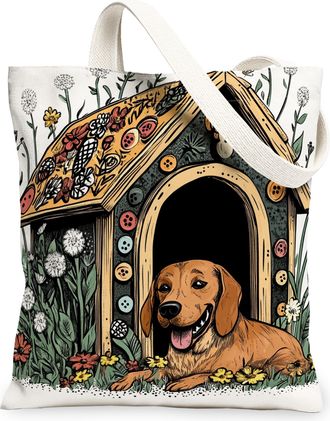 Generic Spring Rhodesian Ridgeback Dog Canvas Tote Bag for Shopping 13x15, Fun Flower Puppy Kennel Reusable Grocery Print Pattern Bag for Women, Cute Pet Beac