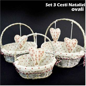 Trade Shop Trade Shop - Set 3 Cestini Natalizi Ovali In Vimini E Tessuto Diametro 39/34/29 Cm Grigio