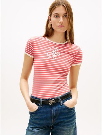 Tommy Hilfiger Womens Script Monogram Striped Ringer T-Shirt - Red - XXL