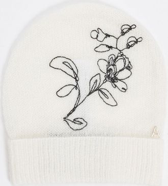 Twin-Set Floral Pattern Wool Blend Beanie Hat with Cuff