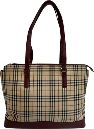 Burberry Beige Bordeaux Canvas Leather Shoulder Bag Tote Bag (Pre-Owned)