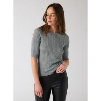 Majestic Filatures Metallic Rib Elbow Sleeve Crewneck in Metal Silver at Nordstrom, Size 2