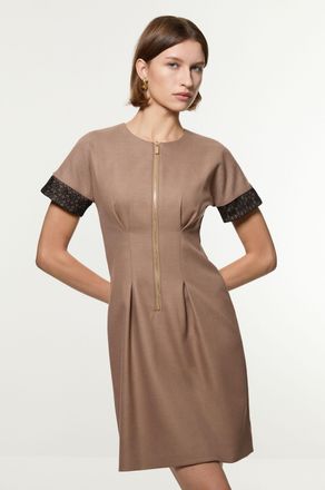 Karen Millen Womens Petite Tailored Twill Lace Mix Zip Front Mini Dress - Taupe - Size 12 UK