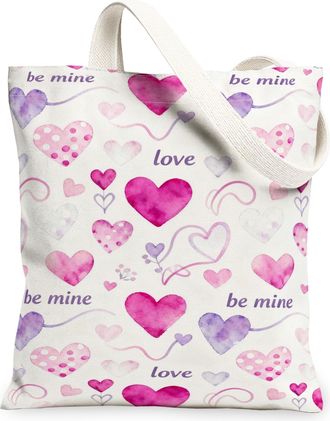 Generic ValentineS Day Hearts Canvas Tote Bags, Love Pattern Reusable Grocery Bags, Lightweight Washable Shoulder Strap Canvas for, Peach, 13x15 Inch