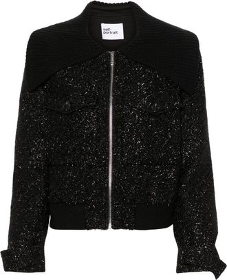 Self Portrait bouclé bomber jacket - women - Polyester/Wool/Metallic Fibre/Viscose/Polyamide/Polyester - 6 - Black