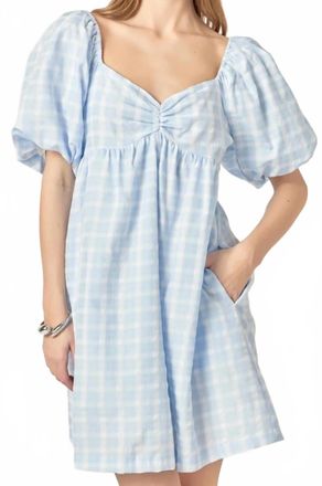 English Factory Gingham Linen Sweetheart Baby Doll Dress In Blue