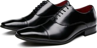 Generic Oxford Shoes for Men Lace Up Cap Toe Round Burnished Toe Genuine Leather Rubber Sole Block Heel Anti-Slip Party(Black,8.5 UK)