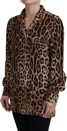 Dolce & Gabbana Womens Brown Leopard Print Long Sleeves Blouse Top Silk