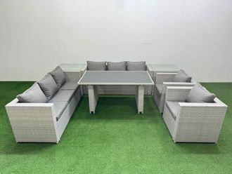 Fimous 8 Seater Outdoor Dining Table 3 Seater Sofa Set with 2 Side Tables in Light Grey