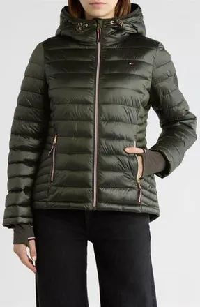 Tommy Hilfiger Zip Hooded Packable Puffer Jacket in Olive at Nordstrom Rack, Size X-Large