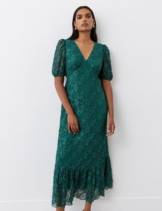 Finery Loretta 3/4 Sleeve Lace Midi Dress in Green at Nordstrom, Size 14