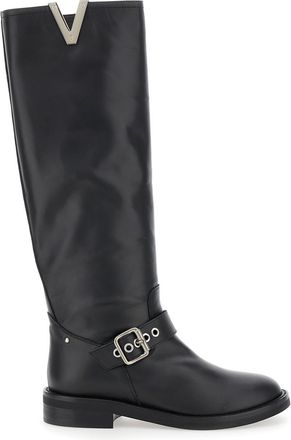 Via Roma 15 Black Knee Boots With V-lateral Detailing In Leather Woman