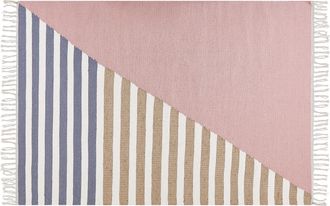 Beliani Alfombra De Lana Rosa Blanco Beige Azul 140 X 200 Cm Yute A Mano Borlas Engiz
