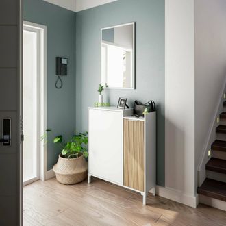 Dmora Mueble Recibidor Williamsport, Recibidor Con 2 Puertas, Armario Con Espejo, Almacenamiento Multifunci&oacute;n, 77x24h91 Cm, Blanco Y Roble - Dmora