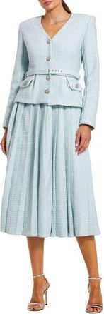 Mac Duggal Long Sleeve Boucl&eacute; Midi Dress with V-Neck and Decorative Buttons in Powder Blue at Nordstrom, Size 14