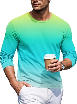 Generic Mens Long-Sleeved Gradient Color T-Shirt Round Neck T-Shirts Comfortable Crew Neck Tops