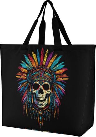 Generic Indian Skull Colorful Tote Bag Reusable Grocery Shopping Bags Large Travel One Shoulder Handbag for Picnic Work