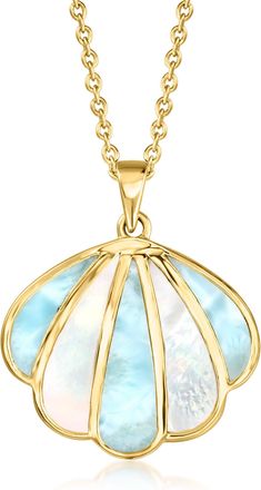 Ross-Simons Mother-Of-Pearl and Larimar Seashell Pendant Necklace in 18kt Gold Over Sterling