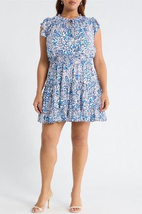 Sugarlips Mize Toledo Floral Tiered Minidress in White Blues at Nordstrom, Size 2 X