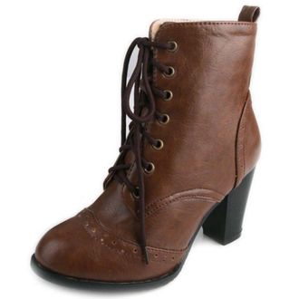 SJJH Women Lace-up Boots with Pointed Toe and Block Heel Brown